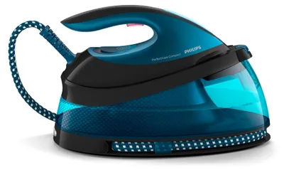 Produktbild von Philips PerfectCare Dampfbügelstation, Keramikbügelsohle, 120 g/min, 6.5 bar, 2400 W, Blau (GC7846/80)