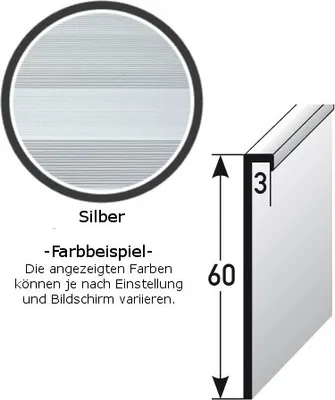 Produktbild von Einklebe-Sockelleiste für Designbeläge, Höhe: 60 mm, Breite: 3 mm, aus Aluminium (silber eloxiert), ungebohrt, Typ: 380
