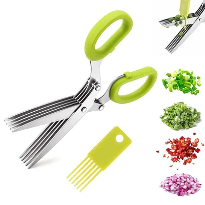 Produktbild von Kräuterschere mit 5 Klingen, Edelstahl Kräuterschneider mit Reinigungskamm, ergonomischer Griff, für Schnittlauch, Petersilie und frische Kräuter