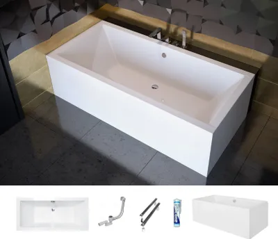 Produktbild von ECOLAM Badewanne Wanne Rechteck Quadro Design Acryl weiß 175x80 cm + Schürze Ablaufgarnitur Ab- und Überlauf Automatik Füße Silikon