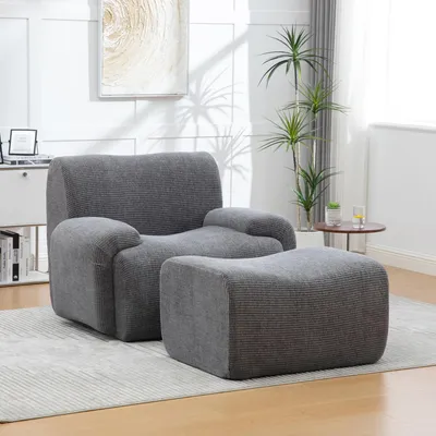Produktbild von MODFU Einzelsessel Polsterstuhl mit Hocker mit 30D Hochelastischer Schaumfüllung Loungesessel Montagefrei Chenille für Wohnzimmer Grau