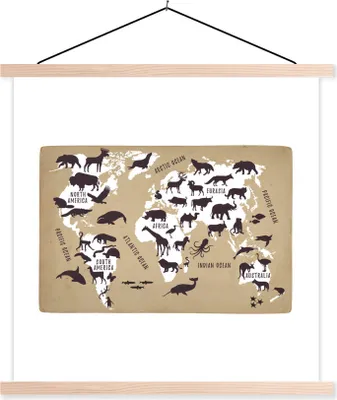 Produktbild von MuchoWow® Textilposter Weltkarte Kinder - Weiß - Tiere 60x60 cm mit holzfarbenen Rahmen - Wanddekoration