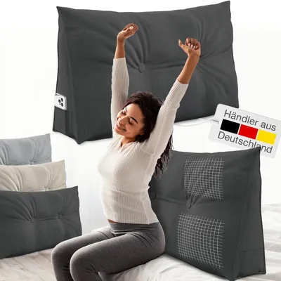 A woman is stretching on a bed with several pillows in the background, and a label indicating 'Händler aus Deutschland'.