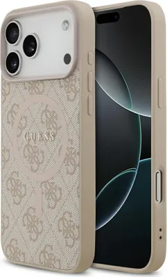 A close-up of a phone case with a repeating logo pattern and a phone partially visible.
