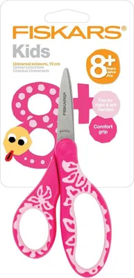 Produktbild von Fiskars Kinderschere, Ab 8 Jahren, Länge 18 cm, Für Rechts- und Linkshänder, Rostfreie Stahl-Klinge/Kunststoff-Griffe, Pink (im Blumenmuster), 1027421