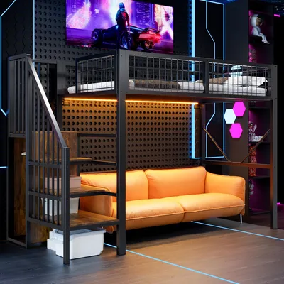 Image de Lit superposé métallique Merax, 90x200 cm, avec échelle de rangement, lit pour enfants avec éclairage LED et barrière de sécurité, hauteur libre de 144 cm, en bois, de couleur noire