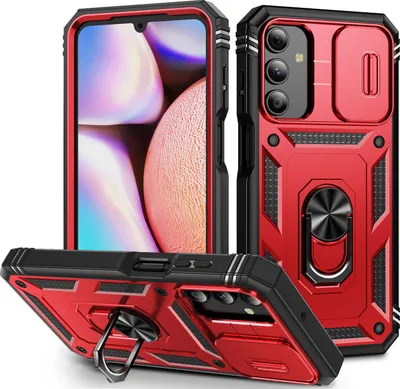 Produktbild von Hülle für Samsung Galaxy A15 5G/4G, Schiebe Kamera Schutz Stoßfest Schutzhülle mit Ringhalterung Ständer Rot