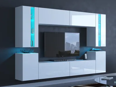 Produktbild von Furnitech Wohnwand Weiß | Wohnzimmer Möbel mit LED Blau | Hängend Wohnwand Modern | Wohnzimmer Schrankwand mit Regale und TV Schrank