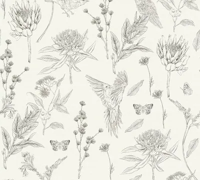 Produktbild von Vliestapete Drawn into Nature blätter dschungel floral natur tiere weiß schwarz