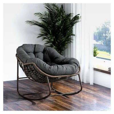 Produktbild von Rattan Schaukelstuhl für den Außenbereich mit gepolstertem Kissen – Bequemer Relaxstuhl für Terrasse, Garten, Balkon, Veranda und Wohnzimmer – Wetterfester Lounge-Stuhl (Grau)