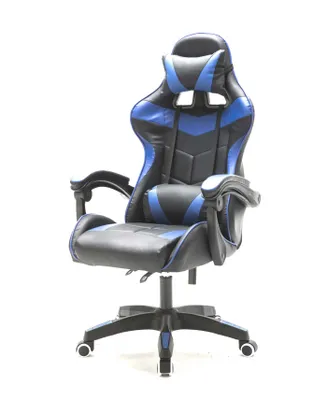 A black and blue gaming chair is shown against a white background.