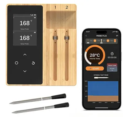 Produktbild von ZELURXX Kabelloses Bluetooth Bratenthermometer mit Doppelsonde und Display Empfänger, 120m Reichweite, App Steuerung, IPX7 Fleischthermometer