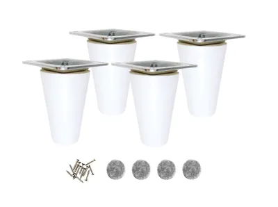 Four white tapered furniture legs with silver mounting plates, accompanied by a small pile of screws and four felt pads.