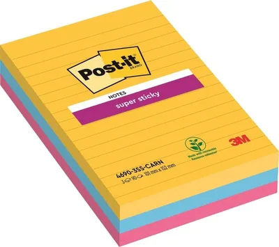 Produktbild von Haftnotiz Super Sticky Notes - 101 x 152 mm liniert 3x 90 Blatt. Packung mit 12 Stück