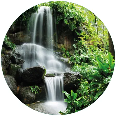 Produktbild von Wallario Premium Glasbild, freischwebende Optik, kräftige Farben, rund 50cm Durchmesser, Motiv Sturzbach im Grünen