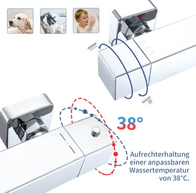 Produktbild von HOMELIVE Duschsystem, Chrom, Thermostat, höhenverstellbar, mit Regendusche & Handbrause. Kopf- & Handbrause 200x200mm, Duschschlauch 1.5m, Duschstange 1006-1206mm. Messing, ABS, Edelstahl, DIN 1/2 Zoll Anschluss, 150mm Montagelochabstand.