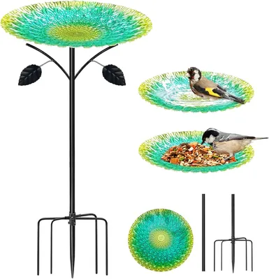 Image de Bain-oiseau et mangeoire 2 en 1, en métal, hauteur 83 cm, pour jardin