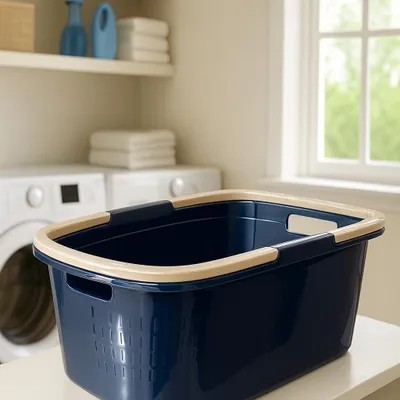 A laundry basket in a laundry room setting.