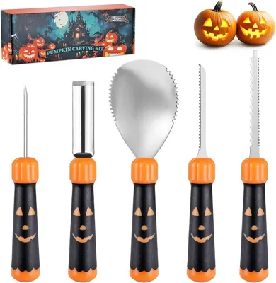 A Halloween pumpkin carving kit and two carved pumpkins are displayed against a white background.