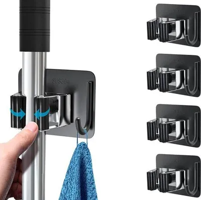 Produktbild von Unyqoos® Wand-Besenhalter 4er-Set – selbstklebend, Edelstahl, Mop- & Gerätehalter bis 10 kg, für Küche, Bad & Garten, Schwarz/Silber