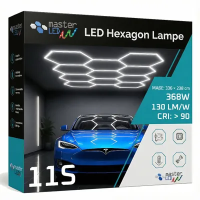 Product packaging for a MasterLED Hexagon Lamp, featuring a blue car in a garage setting.