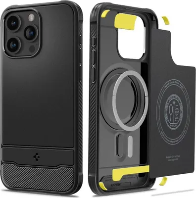 A black iPhone case is shown from the front and disassembled to reveal its internal structure, including a magnetic ring and yellow protective elements.