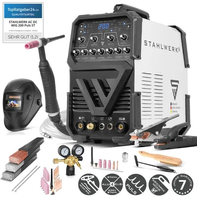 Produktbild von STAHLWERK Schutzgasschweißgerät AC/DC WIG 200 Puls ST – Vollausstattung – IGBT-Inverter mit AC-Modus, MMA bis 200 A, 2T/4T-Modus, Alu & Dünnblech, KI-generiertes Bild