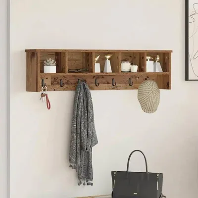 Obrázok produktu pre Nástenná skriňa – panel do predsiene s odkladacím priestorom – drevo – s poličkou na klobúky a háčikmi – 100 x 16 x 26 cm – sivá farba betónu