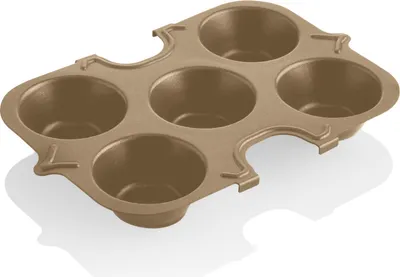 A gold-colored muffin tin with six cups is shown from a slightly elevated angle against a white background.