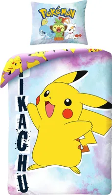 A Pokémon-themed duvet cover and pillowcase set with Pikachu and other Pokémon characters.