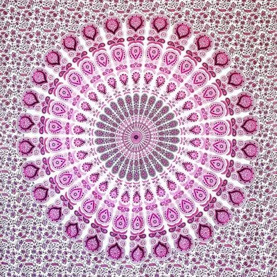 Produktbild von Unyqoos® Mandala-Wandteppich – 100% Baumwolle, Boho Wandbehang Weiß/Rosa, 135×210 cm, indisches Design, vielseitig als Wandtuch & Picknickdecke
