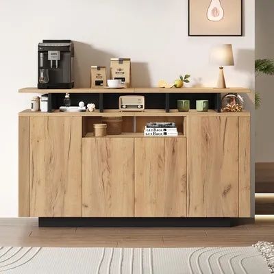 Produktbild von Flieks Moderne Sideboard mit 4 Türen und drei offenen Fächern, Kommode Für Wohnzimmer, Flur oder Büro, Schrank 140x40x85cm, Natur