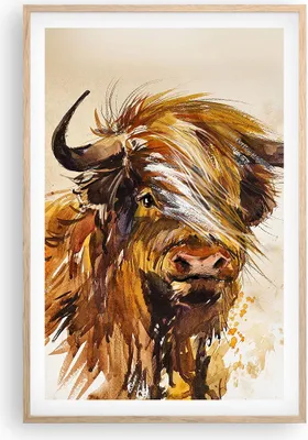 Produktbild von Gerahmtes Poster - Rahmen in heller Eiche - Stier Scotch Aquarell - 61x91,5 cm - Wand Bild - Wanddeko - Wandbilder - Kunstposter - Wandposter - Bilderrahmen - Bilder - Kunstdruck - P2NPA61x91-4708