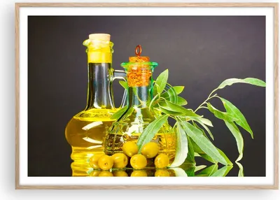 Produktbild von Gerahmtes Poster - Rahmen in heller Eiche - Flasche Glas Olive Öl - 100x70 cm - Wand Bild - Wanddeko - Wandbilder - Wandposter - Bilderrahmen - Bilder - Kunstdruck - Wandbild - P2NAA100x70-2168