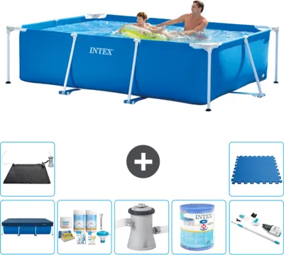 Produktbild von Intex-Schwimmbecken mit rechteckigem Rahmen – 260 x 160 x 65 cm – Blau – im Lieferumfang enthalten Abdeckung - Wartungspaket - Filterpumpe für Schwimmbad - Filter - Staubsauger - Solarmatte