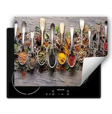 Produktbild von DarHaus Herdabdeckplatte 80x52 cm Anti Rutsch Matte Aufrollbar, Gewürze - Löffel