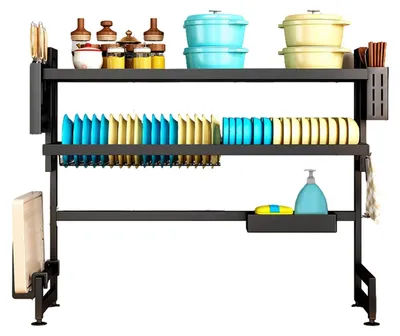 Obrázek produktu pro Odkapávač nad dřezem – dvoupatrový koš – ocel – nosnost 33 kg – nerezový – vodotěsný – multifunkční – černý