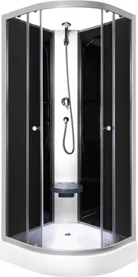 A modern shower cabin with black glass panels and a silver frame, featuring a built-in seat and shower fixtures.