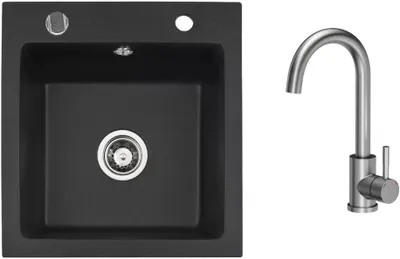 Produktbild von VBChome Granitspüle 50 x 48 cm Schwarz mit Armatur Einzelbecken Einbauspüle Gesprenkelt Pflegeleichtes Spülbecken mit Siphon Ideal für kleine Küchen