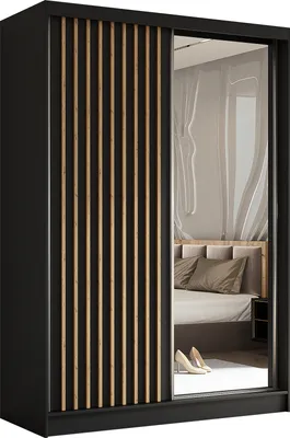 Produktbild von 150 cm Kleiderschrank Erika mit Lamellen und Spiegel inklusive 2 Schiebetüren Schwebetürenschrank Kleiderstange Garderobe Lieferung bis in die Wohnung (Farbe: schwarz, schwarz, Lamelle Artisan)
