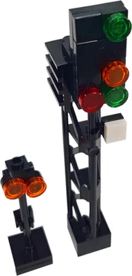 Two LEGO train signal models on a white background.