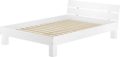 A white wooden bed frame with a slatted base, shown from a side angle against a white background.