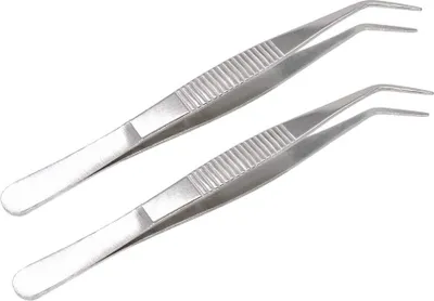 Produktbild von MMOBIEL 2x Edelstahl-Pinzette 12 cm gebogener gezahnter Spitz Profi-Mehrzweck-Werkzeug