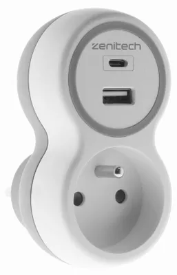 Image de Prise 16A avec chargeurs USB A+C Blanc et Gris Zenitech