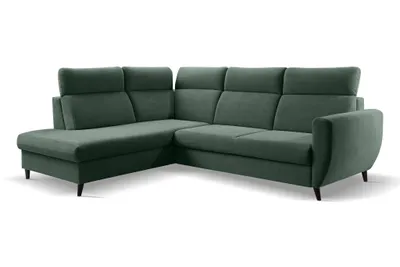 Produktbild von Ecksofa TORRO L (262 x 205 cm) – LINKE SEITE, moderne verstellbare Kopfstützen, Bettkasten, Schlaffunktion, CRUZ 37 - Flaschengrün