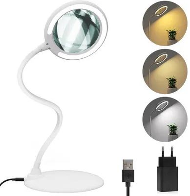 Produktbild von Unyqoos® Vergrößerungslampe (Lupenlampe) 3× mit optischer Glaslinse, 3 Lichtfarben, 30 cm flexibler Schwanenhals, Netzbetrieb 110–240 V
