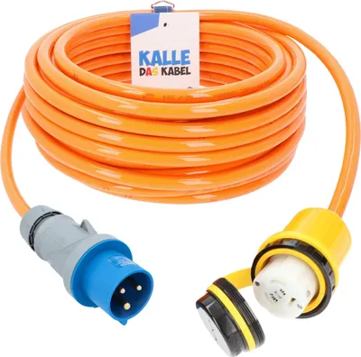 Produktbild von KALLE DAS KABEL PUR Landanschlusskabel H07BQ-F 3G 4,0 mm² 20 Meter 230 V 32A mit CEE-Stecker auf US Marinco-Kupplung SIGNAL ORANGE Maritim Bootskabel Verlängerung Polyurethankabel