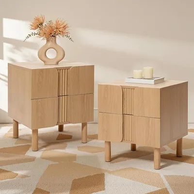 Imagen del producto de Juego de dos mesitas de noche de madera con cajones, modernas, ideales como mesitas auxiliares para el dormitorio y la cama, dimensiones: 45 x 40 x 52 cm