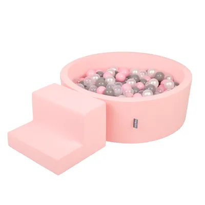 Obrázek produktu pro KiddyMoon pěnové hřiště pro děti s kulatým míčkem (200 ∅ 7cm), měkká překážková dráha a Kulatý bazén s míčky, certifikováno  EU, Růžová:Perla/Šedá/Průhledný/Světle růžová, Schody