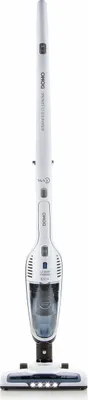 A white cordless stick vacuum cleaner on a white background.